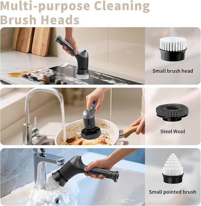 Electric Spin Scrubber, Cordless Power Dish Scrubber Brush, Type-C Fast Charging with LED Power Display, 3 Speeds, 6 Replaceable Heads for Cleaning Kitchen Stove/Bowl/Sink/Corner/Tile/Grout (Grey)