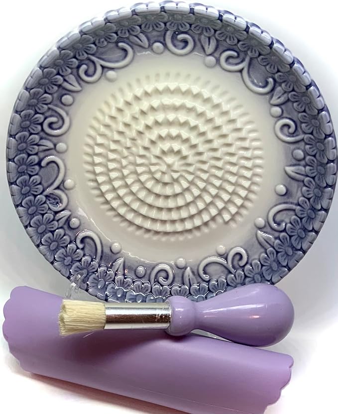 BonCera, All-in-one Premium Ceramic Garlic Grater Plate 4-Piece Set - Purple Embossed Design and Style - For Garlic, Ginger, Chocolate, and more! - Comes with 5.25" Plate, Peeler, Brush, and Stand