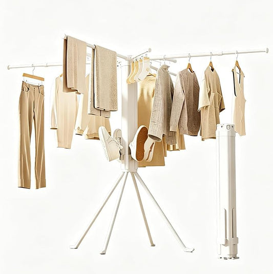 Adjustable Collapsible Umbrella Style Clothes Drying Rack, 4Legs6Telescopic Arms, Space-Saving Freestanding Laundry Airer with Windproof Clips, Easy Setup Indoor Outdoor (White-Plastic)