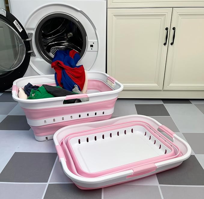 SAMMART 42 (11 Gallons) Collapsible Plastic Laundry Basket, Foldable Pop Up Storage Container/Organizer, Space Saving Hamper, Portable Bin for Dorm Room Bathroom (2, White/Cherry Pink)