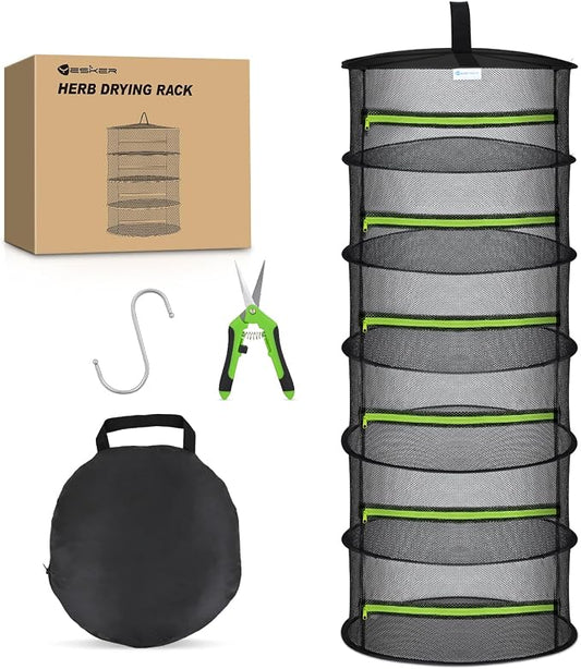 Yesker 6 Layer Herb Drying Rack Hanging Mesh Net Foldable Plant Drying Racks 24" w Green Zipper Pruning Shears Hook Dryer Hanging Rack for Herbs Seed Bud Fruit Clothes Grow Tent Closets Garden Outdoor