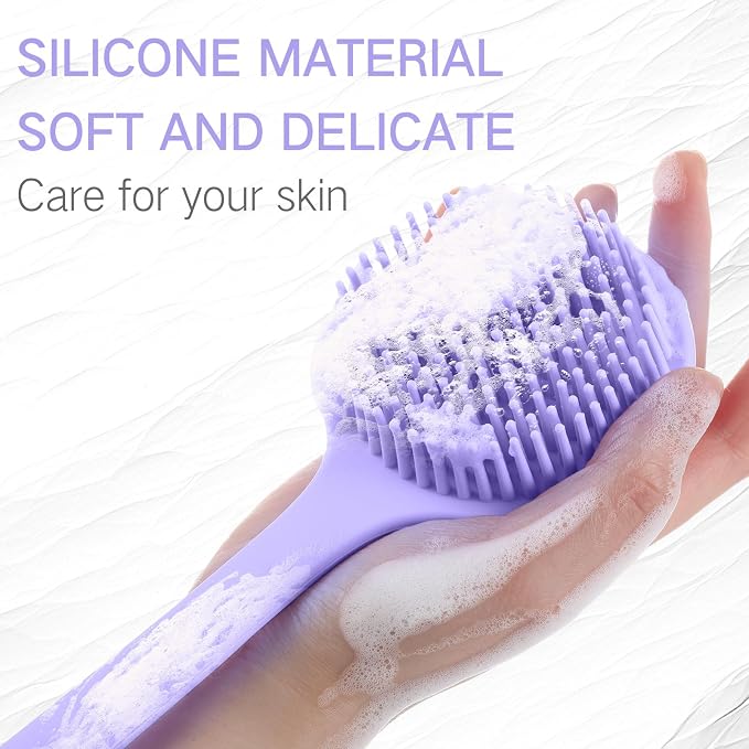 Sunnyray 2 Pack Silicone Back Scrubber for Shower with 15" Long Handle Double-Sided Bath Body Brush for Exfoliating Easy to Clean Quick Dry Deep Cleaning Lathers Well(Purple)
