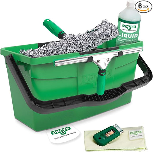 Unger AK015 Window Cleaning Kit PRO Set - Power Washer Sleeve, ErgoTec Squeegee, Bucket 18L, Liquid Glass Cleaner 1L, Safety Glass Scraper, Microfibre Cloth - Professional Window Cleaner, Green