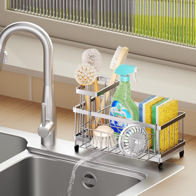 SWTYMIKI Sink Caddy Sponge Holder - Large Sponge Holder for Kitchen Sink with 360°Auto-Drain Tray, Rustproof Stainless Steel Kitchen Organizer Caddy for Countertop Organization