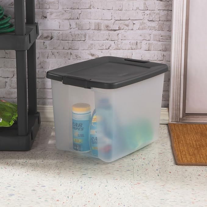 Sterilite 19373V06 50 Quart / 47 Liter Shelf Tote, Clear Base with Flat Gray Lid and Latches, 6-Pack | Clear Bins with Gray Lids - Stackable Organizing Container Boxes for Closet, Bathroom, and Office