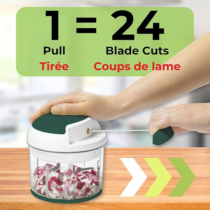 Starfrit Pull Chopper - Multi Purpose Manual Food Processor - Three Blade System for a Faster Cut - From Large Chunks to Purée - Self-Retracting Cord - Fruits, Vegetables, Meats and Crushes Ice