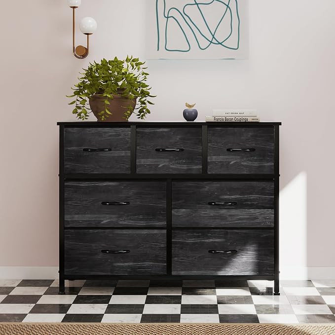 OLIXIS 7 Drawer Closet Organizer, Storage Tower with Sturdy Steel Frame | Dresser for Bedroom, Wooden Top & Easy Pull Fabric Bins, Clothes Organization, Living Room, Black Wood Grain