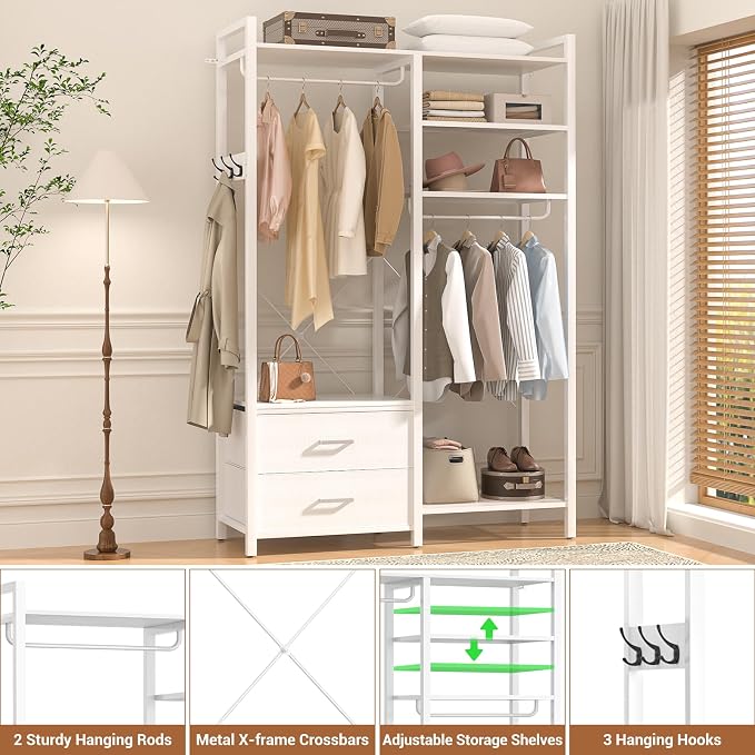 78.7'' Clothes Rack for Hanging Clothes - Reversible Clothing Rack with 2 Drawers, Heavy Duty Garment Racks with Shelves, 6 Tiers Freestanding Portable Closet Wardrobe System with Hanging Hooks, White