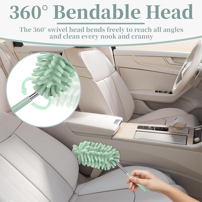 2 PCS Car Interior Duster with Extension Pole, Dusters for Cleaning | Microfiber Car Dusters with Bendable Head, Duster Interior & Exterior Scratch Free for Vehicle, Offices, Window (Light Green)
