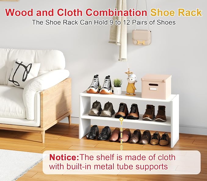 Cidaziya 2 Pack 2 Tier Small White Shoe Rack for Closet, Stackable Shoe Shelf Organizer for 9-12 Pairs of Shoes, Portable Wood and Cloth Structure, Small Shoe Storage Organizer, Size 28.5"* 11" * 13"