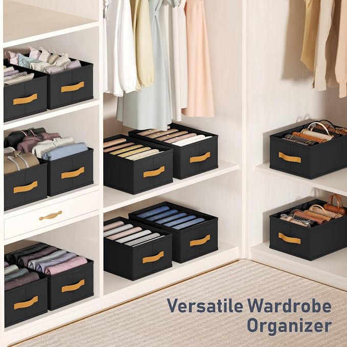 DIMJ Wardrobe Clothes Organizer - 4/5/7 Grids Foldable Closet Drawer Organizer Dividers for Jeans, Pants, Sweater, T Shirt, Storage Bins with Handles for Shelf
