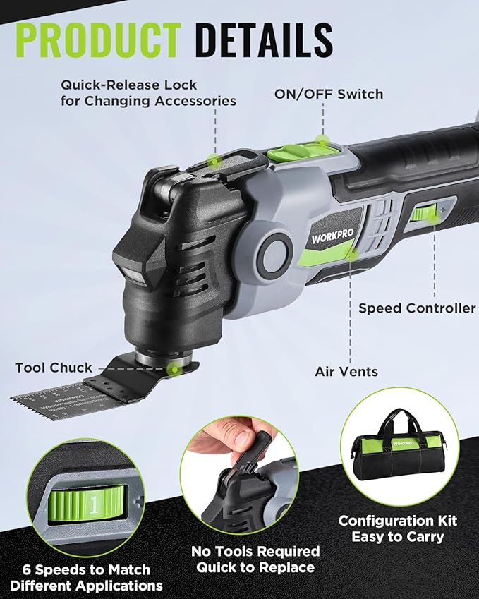WORKPRO 20V Brushless Cordless Oscillating Multi-Tool Kit | 6 variable speeds, 3.6° oscillation angle, 21-piece accessories, 1 battery & storage bag, for DIY and home improvement