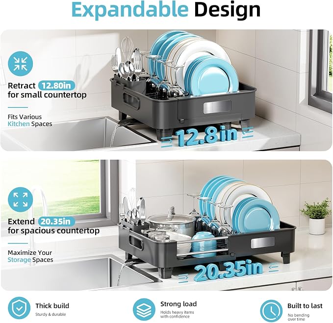 TOOLF Expandable Dish Drying Rack for Kitchen Counter,Black | Extendable 12.8in to 20.35in,Stainless Steel & PP,One-Minute Quick Assembly,Cutlery Holder,Portable Carry Handle,Space-Saving