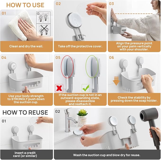 LEVERLOC Shower Caddy Suction Cup Shower Organizer Bathroom Storage Removable Powerful Suction Shower Shelf, Gray