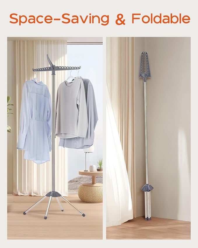 CASAMAYA Clothes Drying Rack Foldable, 59 inch Tripod Laundry Drying Rack Indoor with Rotating Clothes Rail for 27 Pieces of Clothes, Space Saving, Stainless Steel, Grey and Silver CDR001G01