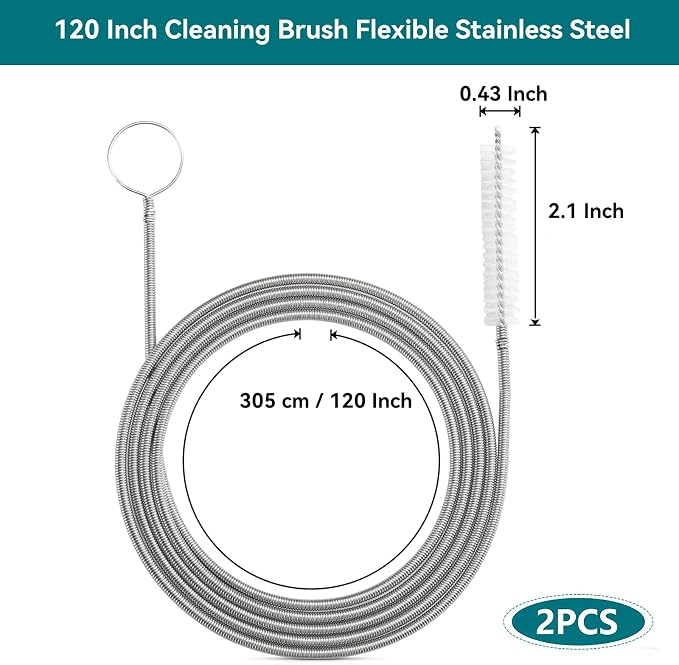 2 Pack 120 Inch Flexible Drain Brush, Sunroof Drain Cleaning Tool for Ice Maker, Refrigerator & AC Drain Line