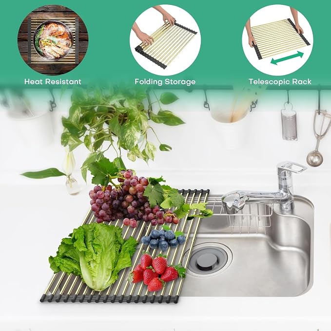 Expandable Roll Up Dish Drying Rack, Adjustable Large Over The Sink Rack Draining Rack (Max Extends to 21.26”) for Stainless Steel Sink Rack, Collapsible Rolling Up Rack 18 Tube for Kitchen, Gold