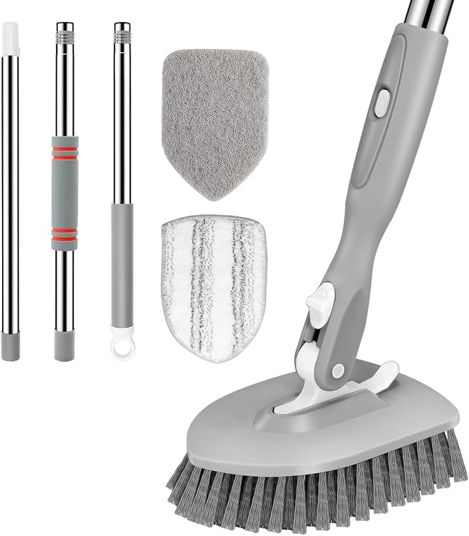 SetSail Tile Tub Scrubber Brush 3-in-1 Shower Scrubber with Adjustable Long Handle Shower Cleaner Brush and 3 Detachable Replacement Brush Heads for Cleaning Bathroom Kitchen Walls Tub Tile,Grey