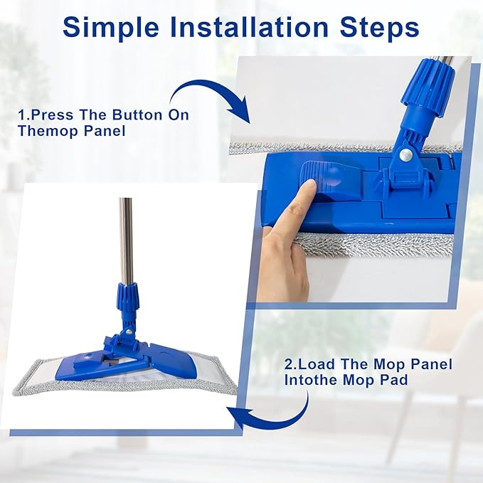 Multi Functional Mop, Including 1 Reusable Ultra-Fine Fiber Cleaning Pad and a Detachable Three Section Handle, 35.82"-51.18", Suitable for Cleaning Hardwood Floors, Marble and Tile Floors（Blue）