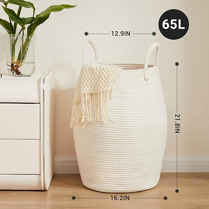Large Laundry Hamper Basket 65L Woven Blanket Basket, Beige | Tall Clothes Hamper, Rope Wicker Laundry Basket, Storage Basket for Toys, Dirty Cothes in Bedroom, Living Room Organizer