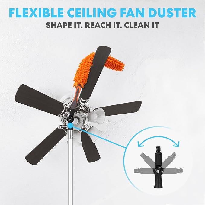 Simpli-Magic 20 Foot High Ceiling Duster Kit with 5-12ft Heavy Duty Extension Pole,High Reach Duster for Cleaning,Microfiber Feather Duster,Cobweb & Ceiling Fan Duster,Window Squeegee & Cleaner,Orange