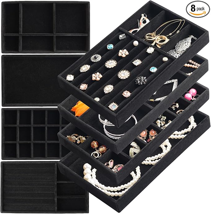Jewelry Organizer Tray Set Of 8 Jewelry Trays For Drawers and Can Effectively Organize Jewelry Such As Rings, Earrings, Necklaces And Bracelets Jewelry Drawer Organizer (Black)