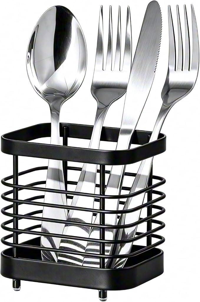 Utensil Holder, Stainless Steel Utensil Drying Rack for Kitchen Counter, Silverware Cutlery Flatware Holder Forks, Knives, Spoons, Chopsticks Organizer (Black)