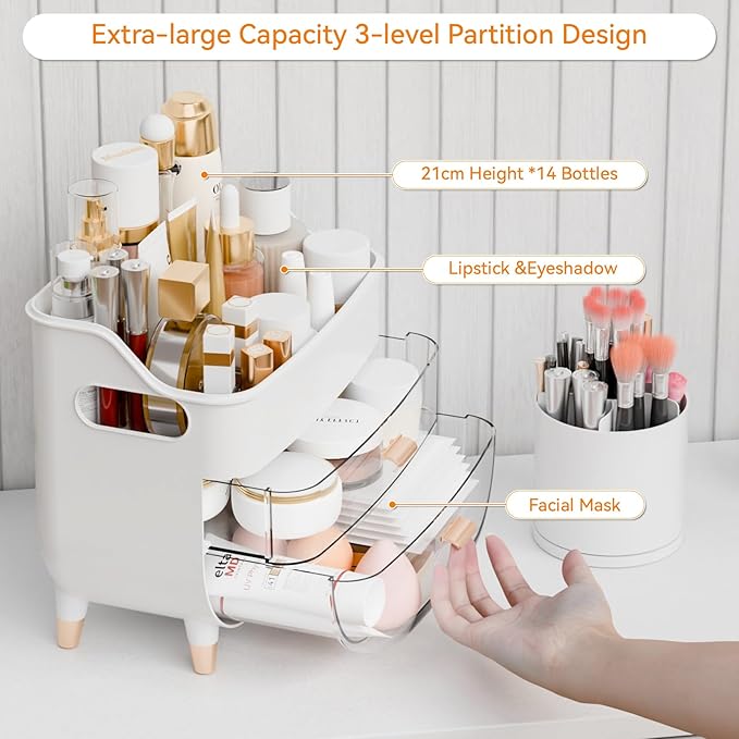 Yieach Countertop Makeup Organizers with Drawers,Handle and Make up Brush Holder,Large Makeup Skincare Organizer for Bathroom Vanity,Cosmetic Display Cases for Hair Tool,Lotion,Skin Care Storage,White