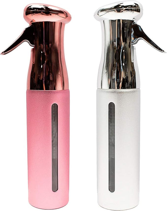 KEEN Continuous Spray Bottle, 10 OZ Fine Mist for Hair Styling, Barber, Plants, Refillable Empty Water Bottle Trigger Sprayer Set, Pink/Silver, 2 Pack