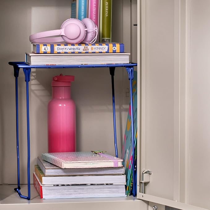 LockerMate Stac-A-Shelf Locker Organizer Shelf, Stackable, Extra Tall, Fits Standard Size School Lockers, Blue