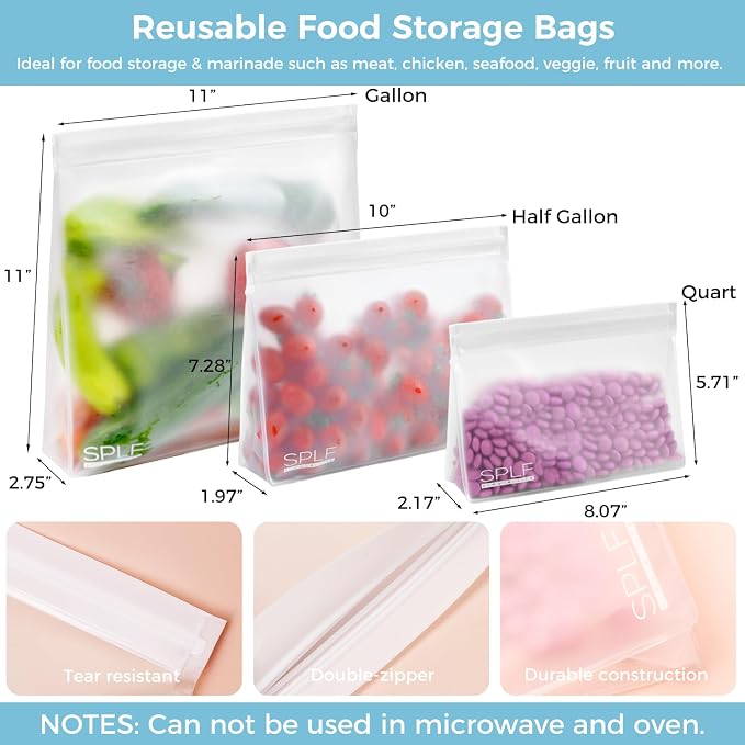 SPLF 6 Pack Reusable Half Gallon Freezer Bags, Reusable Food Storage Bags, Bpa Free Stand Up Extra Thick Leakproof Silicone and Plastic Free Zipper Sandwich Snack Lunch Bags