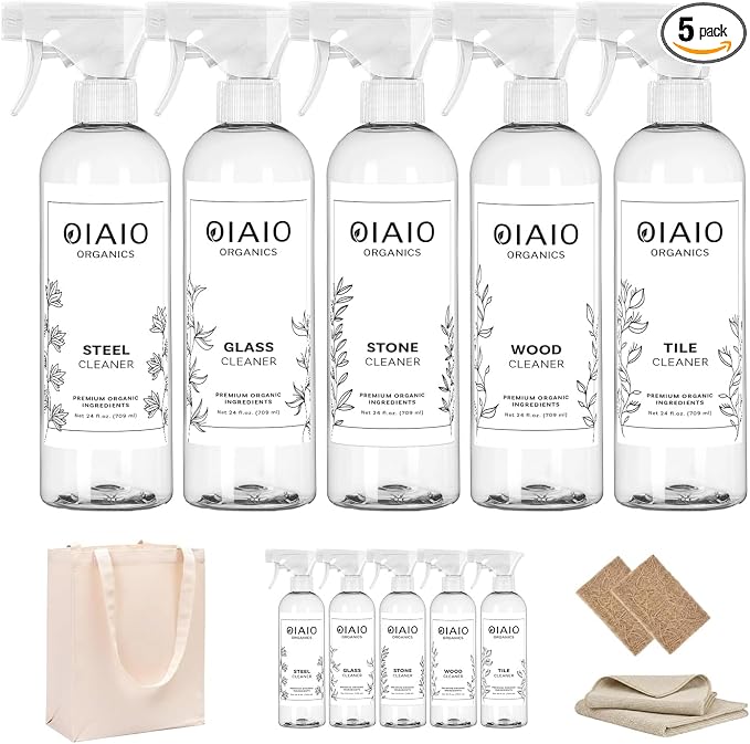 Non-Toxic Home Cleaning - The Collection 5 Pack - Includes 5 Cleaners, 1 Canvas Tote, 1 Microfiber Cloth, 2 Coconut Husk Scrubers - Natural Organic Ingredients that Truly Perform