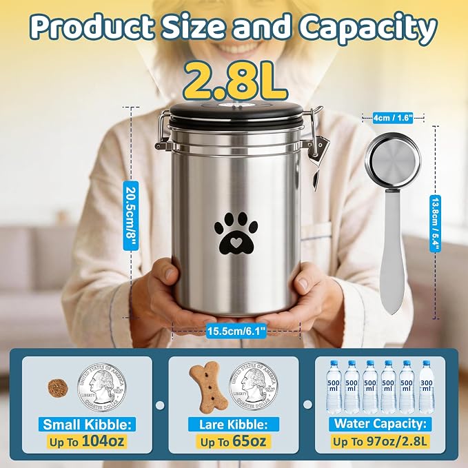 ENONCI Dog Treat Container Airtight,8.2"x5.9" Stainless Steel Cat Treat Jar for Kitchen Counter with Scoop, Pet Storage for Fresh Dog Cookie