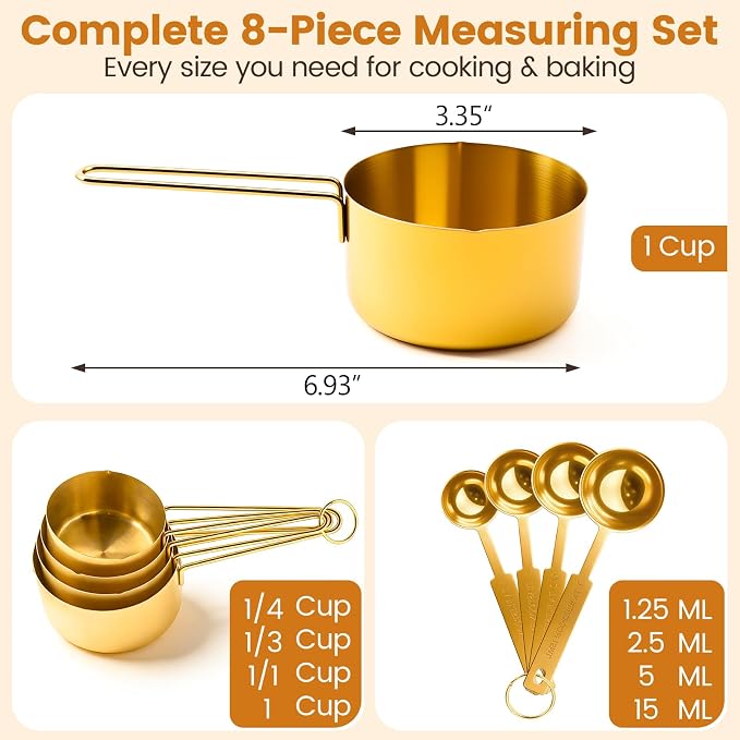 Gold 304 Stainless Steel Measuring Cup and Spoon Set, Stackable, 8-Piece, Long Handle for Narrow Bottles, Premium Gold Kitchen Utensils for Cooking and Mothers Day Gift