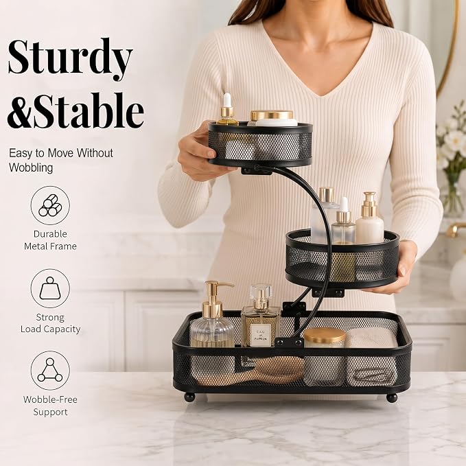 3 Tier Bathroom Counter Organizer-Cologne Organizer | Water-Resistant Open Metal Vanity Organizer, Ultra-Stable Dresser Top Shelf with Strong Load Capacity, Black