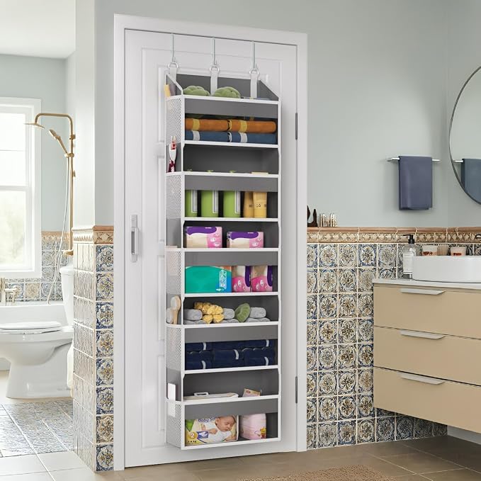 Over the Door Organizer with 5 Front & 10 MeshSide Pockets, 50LB Capacity Extra Large Nursery & Bathroom Hanging Storage Organizer Multi-Room Space-Saving Designwith 3 Hook for Kitchen, Pantry,Grey