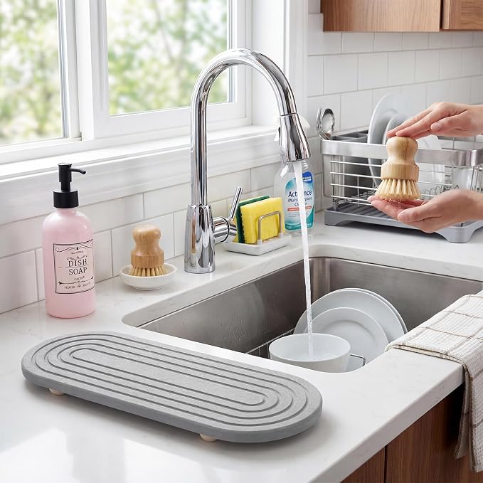 Instant Dry Stone Sink Tray, 11.8x3.9 Water Absorbing Diatomite Stone Tray for Sink with Wooden Feet, Sink Caddy Stone, Kitchen Sink Organizer (Light Grey)
