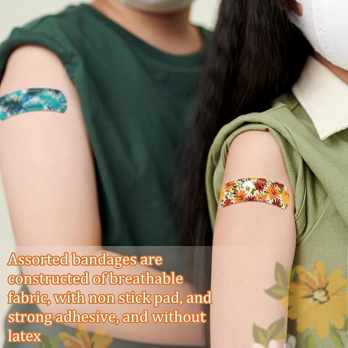 Threlaco 180 Pcs Flexible Fabric Adhesive Bandages Bulk Assorted Bandages Floral Breathable Fabric Strip with Non Stick Pad, Flexible Protection Wound Care for Women Cuts Scrapes First Aid, 12 Styles