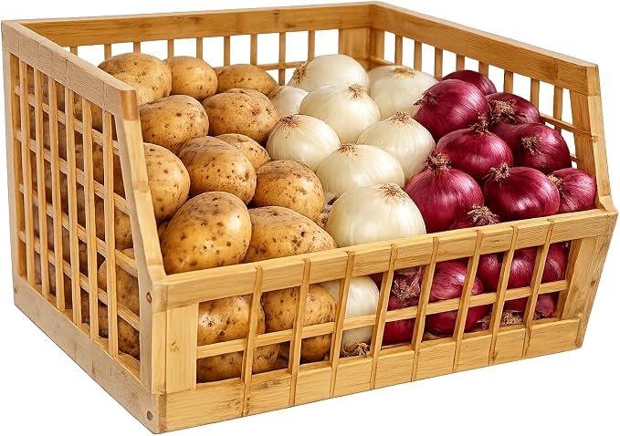 Bamboo Stackable, Open Front, Medium Storage Bins -Lattice Design, 2 Pack