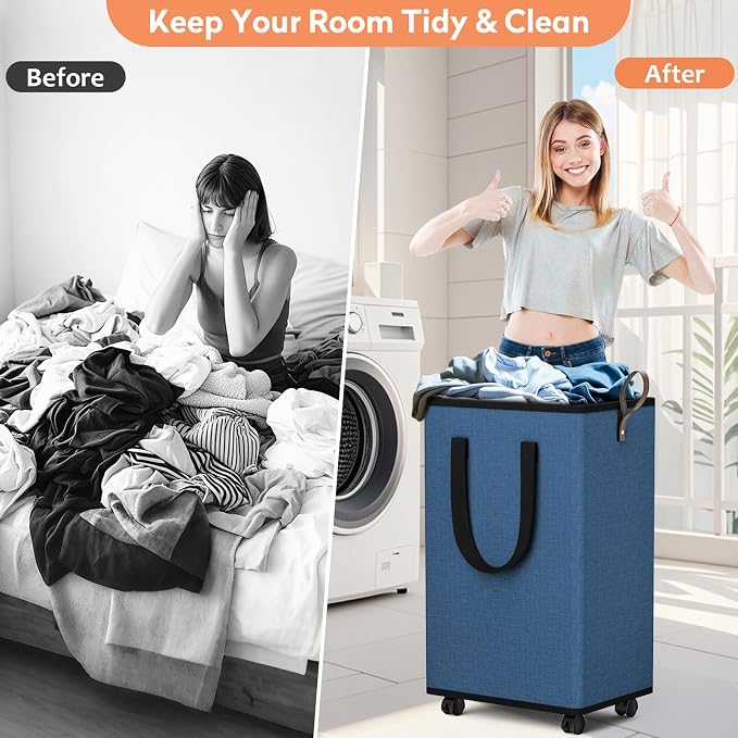 SpaceTrove Rolling Laundry Basket with Wheels, Laundry Hamper, 80L, Navy | Collapsible, 4 detachable wheels including 2 with brakes, sturdy handle, metal frame, for dorms, bathrooms and bedrooms