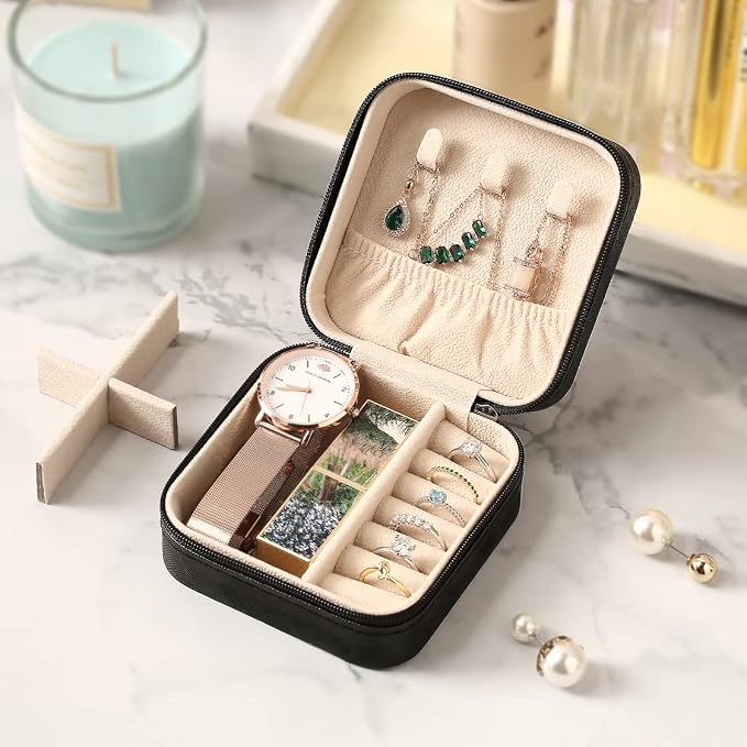 ZPROW Travel Jewelry Case, Mini Portable Jewelry Travel Boxes, Small Jewelry Organizer for Rings, Earrings, Pendants, Watches, Necklaces, Lipsticks Organizer Storage Holder Case (Black)