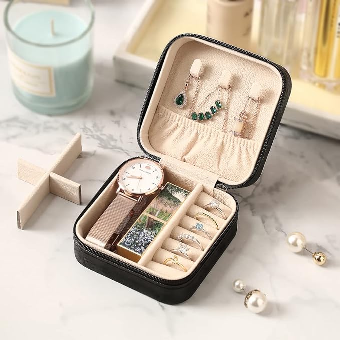 ZPROW Travel Jewelry Case, Mini Portable Jewelry Travel Boxes, Small Jewelry Organizer for Rings, Earrings, Pendants, Watches, Necklaces, Lipsticks Organizer Storage Holder Case (Black-6packs)
