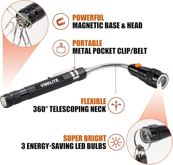 VIBELITE Magnetic Pickup Tool & 6 in 1 Multitool Pen, 2 Pack | Touch Screen Stylus, Rulers, Bubble Level, Flathead & Phillips Screwdriver, Ballpoint Pen
