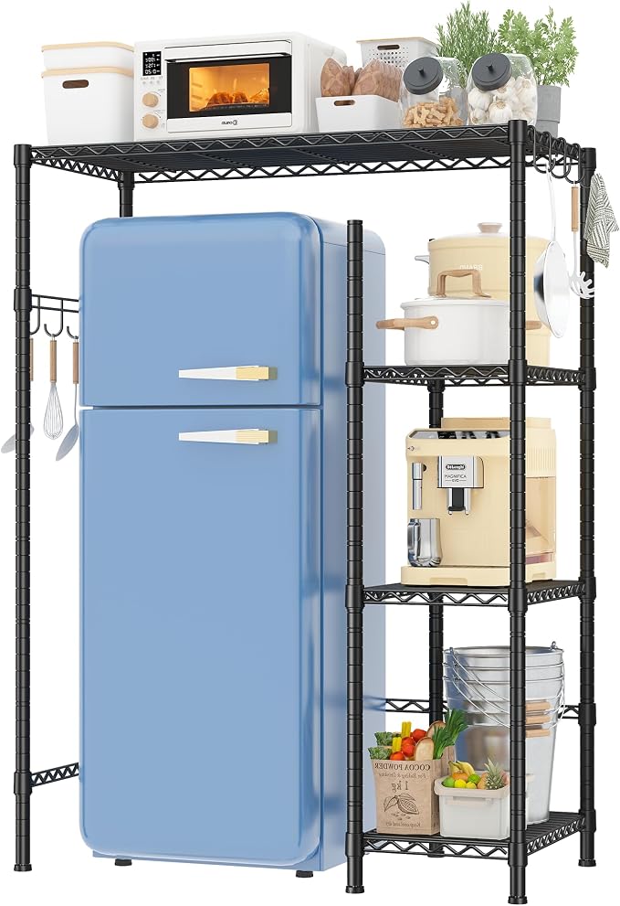 REIBII Mini Fridge Stand with Storage, 4-Tier Adjustable Shelves, 380 lbs | With 8 Hooks, Fits Mini Fridge & Kitchen Appliances, Heavy Duty Steel Frame, Easy Tool-Free Assembly, Dorm & Pantry
