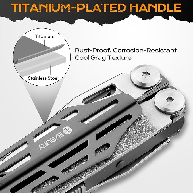 BIBURY 22-in-1 Titanium Plated Multitool Pliers with Scissors,Self-locking | Stainless Steel Foldable EDC Multi tools Pliers with Sheath for Outdoor Hunting Survival Camping Simple Repair