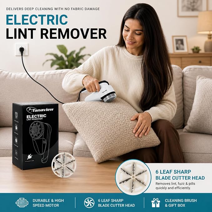 Power Corded Electric Fabric Shaver | No Battery, Pilling & Fuzz Remover for Clothes, Furniture, Couch, Sweaters, 6 Leaf Blades, Portable Defuzzer, Depiller
