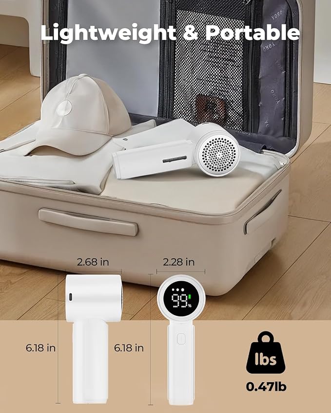 Fabric Shaver, Electric Lint Remover, Sweater Shavers to Remove Pilling with 3 Speeds, 6 Leaf Blade, LED Display & Type-C Rechargeable, Removes Fuzz, Pills for Clothes, Couch, Furniture