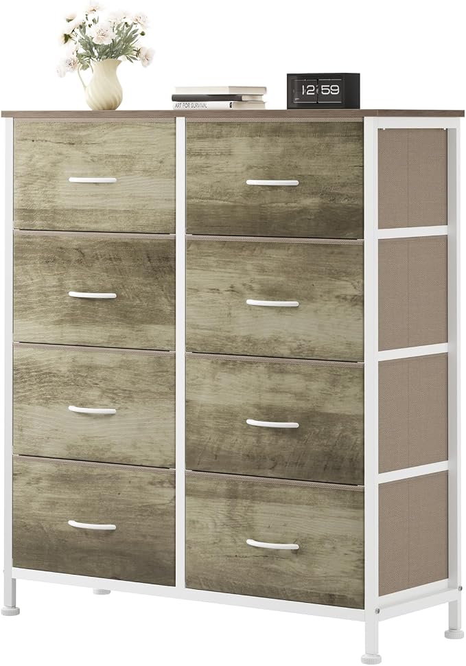 OLIXIS 8 Drawer Storage Dresser for Bedroom, Closet Organizers Units | Fabric Dresser with Wooden Top, Chest of Drawers Clothes Storage, Tower Cabinet, TV Stand Furniture, Oak Greige