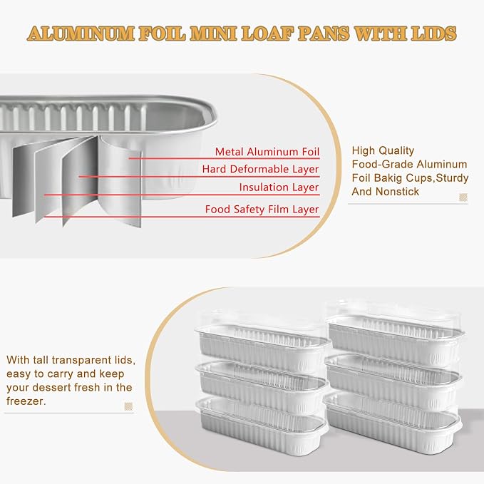 Mini Cake Pans With Lids And Spoons 50 Pack,6.8 oz Rectangle Mini individual Loaf Pans, Disposable Aluminum Foil Small Baking Cups Tins, Baking Containers for Xmas, Party and Picnics (White)