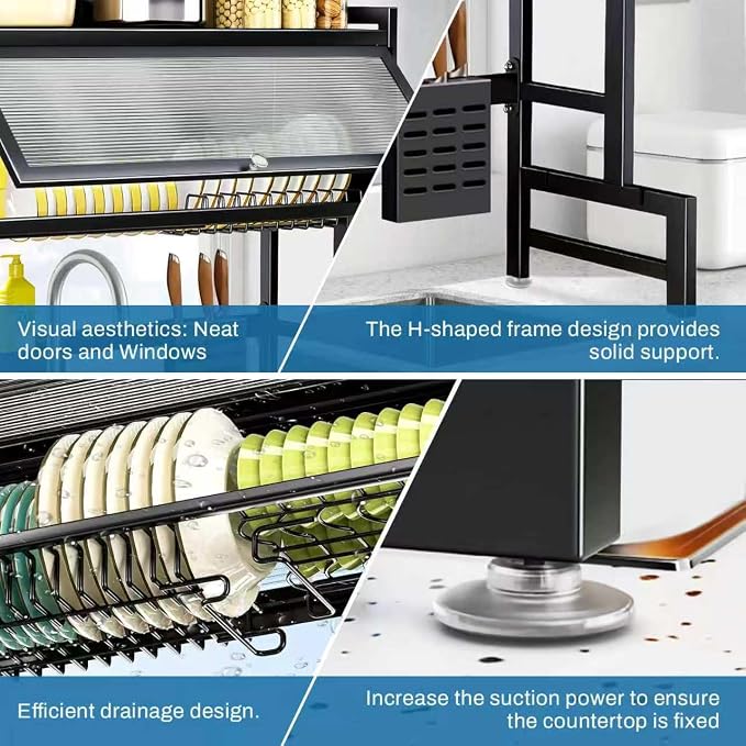 Over the Sink Dish Drying Rack – 3 Tier with Cover, Space-Saving Dish Drainer Organizer for Dishes, Glasses, Bowls & Cutlery, Tidy Kitchen Counter Storage Solution